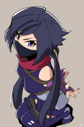 Rule 34 | 10s, 1girl, ayame (gundam build divers), bdsm, black hair, boots, breasts, elbow gloves, fingerless gloves, gloves, gundam, gundam build divers, hair ornament, hip armor, japanese clothes, kimono, knee boots, long hair, looking at viewer, low ponytail, mask, medium breasts, mouth mask, ninja, purple eyes, red scarf, rope, scarf, seiza, sharpffffff, shibari, sitting, solo, split ponytail, thighhighs, thighhighs under boots