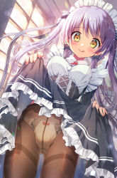 Rule 34 | 1girl, :p, black pantyhose, black skirt, blush, bow, bow panties, breasts, brown eyes, clothes lift, crotch seam, flashing, gluteal fold, highres, indoors, lifted by self, long hair, maid, maid headdress, original, panties, panties under pantyhose, pantyhose, purple hair, ribbon, shindoi akio, shirt, skirt, skirt lift, smile, solo, thighband pantyhose, thighs, tongue, tongue out, twintails, underwear, white panties, white shirt, window