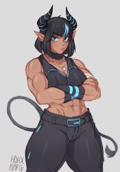 Rule 34 | 1girl, abs, belt, black hair, blue eyes, blue hair, breasts, choker, cleavage, crossed arms, dark skin, dog tags, earrings, highres, horns, jewelry, looking at viewer, mdblues, medium breasts, multicolored hair, muscular, muscular female, original, pointy ears, short hair, simple background, solo, tail, thick thighs, thighs, toned