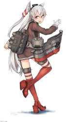 Rule 34 | 10s, 1girl, amatsukaze (kancolle), dress, garter straps, gloves, hair tubes, highres, kantai collection, long hair, rensouhou-kun, sailor dress, short dress, sigama, silver hair, simple background, single glove, solo, striped clothes, striped thighhighs, thighhighs, two side up, very long hair, white background, zettai ryouiki