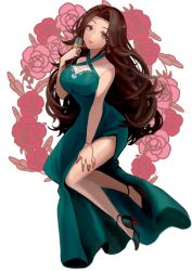 Rule 34 | 1girl, black footwear, bracelet, breasts, brown hair, cleavage, cup, dress, drinking glass, earrings, eyelashes, flower, formal, full body, green dress, halterneck, hand on own leg, high heels, holding, holding cup, ich., idolmaster, idolmaster cinderella girls, jewelry, lace, lace-trimmed dress, lace trim, large breasts, light smile, long dress, long hair, long legs, looking at viewer, nail polish, necklace, no socks, rose, sleeveless, sleeveless dress, solo, takahashi reiko, thighs, very long hair, wavy hair, white background, wine glass