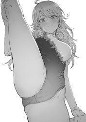 Rule 34 | 1girl, ahoge, blush, breasts, closed mouth, greyscale, heart, highres, hoshii miki, idolmaster, idolmaster (classic), leg up, long hair, looking at viewer, medium breasts, monochrome, one-piece swimsuit, simple background, smile, solo, split, standing, standing on one leg, swimsuit, thighs, tsurui, white background