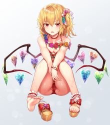Rule 34 | 1girl, ankle cuffs, barefoot, bikini, blonde hair, blush, bow, breasts, cameltoe, choker, cleavage, collarbone, feet, fingernails, flandre scarlet, flower, flower wreath, footwear bow, unworn footwear, frills, hair flower, hair ornament, halterneck, heart, highres, kaerunoko, pussy, looking at viewer, medium breasts, neck, open mouth, parted lips, partially visible vulva, ponytail, red bikini, red eyes, sandals, unworn sandals, shoes, short hair, side ponytail, simple background, single shoe, sitting, soles, solo, sweat, swimsuit, thick thighs, thighs, toenails, toes, touhou, wings, wristband
