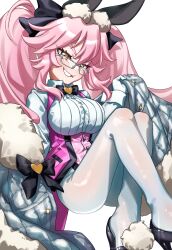 Rule 34 | 1girl, absurdres, akantai, animal ear fluff, animal ears, black bow, black gloves, blush, bow, breasts, cloak, coattails, collared shirt, corset, dress shirt, fate/grand order, fate (series), fur-trimmed cloak, fur trim, glasses, gloves, grin, hair between eyes, hair bow, high heels, highres, koyanskaya (assassin) (second ascension) (fate), koyanskaya (fate), large breasts, long hair, long sleeves, looking at viewer, pantyhose, pink hair, rabbit ears, shirt, sidelocks, smile, solo, tamamo (fate), thighs, twintails, underbust, white background, white pantyhose, white shirt, yellow eyes