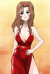 Rule 34 | 1girl, absurdres, alternate costume, bare shoulders, breasts, cleavage, cleavage cutout, clothing cutout, collarbone, covered erect nipples, dress, formal, girls und panzer, hand on own hip, highres, long hair, looking at viewer, maiko (girls und panzer), moesenyukikaze, no bra, orange hair, red hair, shiny clothes, side slit, smile, spaghetti strap