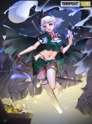 Rule 34 | 1girl, absurdres, black gloves, black ribbon, blunt bangs, breasts, bug, butterfly, cape, character name, chinese text, commentary request, copyright name, crop top, full body, gloves, grey eyes, hair ribbon, highres, insect, konpaku youmu, medium breasts, midriff, navel, ribbon, sheath, sheathed, short hair, silver hair, smile, solo, sunshine (1638509769), thigh strap, touhou, wading