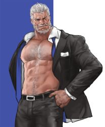 Rule 34 | 1boy, abs, arm hair, bara, bare pectorals, beard, black jacket, black pants, black suit, blind, chest hair, dopey (dopq), facial hair, formal, hair slicked back, hairy, jacket, large pectorals, looking at viewer, male focus, mature male, muscular, muscular male, mustache, navel, navel hair, necktie, unworn necktie, nipples, old, old man, open clothes, open jacket, open shirt, overwatch, overwatch 1, pants, pectorals, reinhardt (overwatch), salaryman, scar, scar across eye, scar on face, short hair, solo, stomach, suit, thick eyebrows, undone necktie, white hair, wrinkled skin