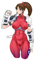 Rule 34 | 1girl, armor, bodysuit, breasts, brown hair, cameltoe, cleft of venus, covered erect nipples, fingerless gloves, gauntlets, gloves, koutarou, koutarou (girl power), large breasts, latex, namco, ninja, nipples, non-web source, ponytail, see-through, solo, soul calibur, soulcalibur, soulcalibur ii, taki (soulcalibur), thighs, uncensored