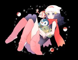 Rule 34 | 1girl, bare arms, beanie, black hair, blush, boots, chimchar, commentary, creatures (company), dawn (pokemon), game freak, gen 4 pokemon, gum (gmng), hair ornament, hairclip, hat, highres, holding, looking at viewer, nintendo, over-kneehighs, pink footwear, piplup, poke ball, poke ball (basic), pokemon, pokemon (creature), pokemon dppt, red scarf, scarf, smile, starter pokemon trio, symbol-only commentary, thighhighs, turtwig, white headwear