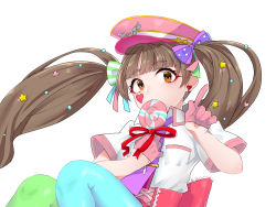 Rule 34 | 1girl, bad id, bad pixiv id, blue pantyhose, blunt bangs, bow, brown eyes, brown hair, candy, earrings, facial mark, food, gloves, green bow, green pantyhose, hakozaki serika, heart, heart earrings, idolmaster, idolmaster million live!, idolmaster million live! theater days, index finger raised, jewelry, lollipop, long hair, looking at viewer, pantyhose, pink gloves, pink hair, purple bow, red ribbon, ribbon, simple background, solo, star (symbol), striped, striped bow, tutimaru0730, twintails, upper body, white background