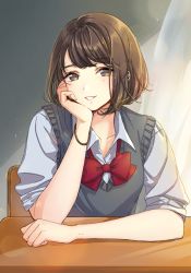 Rule 34 | 1girl, blush, bob cut, bow, bowtie, brown eyes, brown hair, cako ashida, chair, collarbone, collared shirt, commentary request, curtains, desk, hand on own cheek, hand on own face, head rest, light particles, lips, looking at viewer, original, parted lips, red bow, red bowtie, school chair, school desk, shirt, short hair, short sleeves, sitting, smile, solo, sweater vest, upper body, white shirt, wing collar, wristband