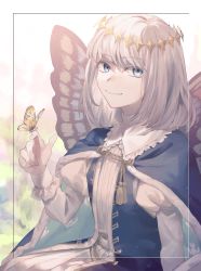 Rule 34 | 1boy, blue cape, blue eyes, bug, butterfly, butterfly on hand, butterfly wings, cape, commentary request, fate/grand order, fate (series), frills, fur-trimmed cape, fur trim, highres, insect, insect wings, juliet sleeves, long sleeves, looking at viewer, male focus, oberon (fate), puffy sleeves, solo, tassel, white hair, wings, zaso