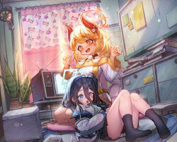 Rule 34 | 2girls, absurdres, aris (blue archive), black hair, blonde hair, blue archive, blue eyes, book, commission, gilmang, halo, highres, horns, long hair, lying, lying on person, multiple girls, muted color, original, panties, room, roomscape, school uniform, short hair, sitting, television, underwear, yellow eyes