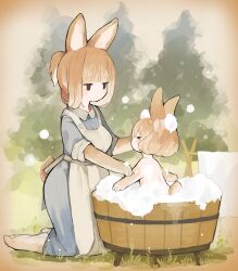 Rule 34 | &gt; &lt;, 2girls, animal ears, apron, black eyes, blue dress, brown hair, bucket, child, closed eyes, closed mouth, collared dress, commentary request, dress, gradient hair, highres, kneeling, multicolored hair, multiple girls, no pupils, nude, original, outdoors, ponytail, rabbit ears, rabbit girl, rabbit tail, sakutake (ue3sayu), soap bubbles, tail, towel, towel rack, washing, washing another