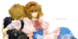 Rule 34 | 2girls, alice margatroid, araki, armlet, blonde hair, blue dress, capelet, dress, expressionless, female focus, frills, hairband, head down, kirisame marisa, looking at viewer, multiple girls, puffy short sleeves, puffy sleeves, shaded face, short hair, short sleeves, simple background, sitting, text focus, touhou, white background, yuri