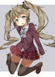Rule 34 | 1girl, ahoge, atage, blazer, blush, bow, brown eyes, fang, jacket, loafers, long hair, original, plaid, plaid skirt, school uniform, shoes, skirt, smile, solo, thighhighs, twintails, very long hair, zettai ryouiki