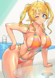 Rule 34 | 1girl, ahoge, bare shoulders, blonde hair, blue eyes, blush, breasts, center opening, chain, cleavage, closed mouth, collarbone, dokiyuri, hachimiya meguru, hair ornament, hairclip, hand on own hip, highres, idolmaster, idolmaster shiny colors, large breasts, leaning forward, long hair, looking at viewer, multicolored clothes, multicolored swimsuit, navel, one eye closed, pool, sideboob, smile, swimsuit, thighs, twintails
