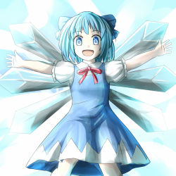 Rule 34 | 1girl, :d, ao-shiba, blue eyes, blue hair, bow, cirno, hair bow, ice, ice wings, incoming hug, matching hair/eyes, open mouth, outstretched arms, short hair, smile, solo, touhou, wings