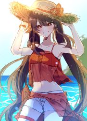 Rule 34 | 1girl, absurdres, bead bracelet, beads, bikini, blush, bracelet, breasts, brown hair, collarbone, flower, flower-shaped pupils, genshin impact, grin, hat, hat flower, highres, holding, holding clothes, holding hat, hu tao (genshin impact), jewelry, bridal garter, light particles, long hair, looking at viewer, midriff, navel, open mouth, red eyes, red flower, ryu genshin77, see-through, smile, solo, straw hat, swimsuit, symbol-shaped pupils, symbol-only commentary, twintails, very long hair, water, white legwear