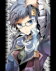 Rule 34 | 1boy, blue eyes, blue hair, coat, energy sword, fighting stance, fruit punch, glasses, hubert ozwell, lowres, male focus, matching hair/eyes, ready to draw, solo, sword, tales of (series), tales of graces, weapon
