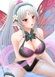 Rule 34 | 1girl, amezuku, blush, breasts, cleavage, clothing cutout, fairy wings, female focus, fire emblem, fire emblem heroes, flower, gradient hair, hair flower, hair ornament, highres, kneeling, large breasts, long hair, multicolored hair, navel, navel cutout, nintendo, one-piece swimsuit, open mouth, plumeria (fire emblem), pointy ears, ponytail, red eyes, silver hair, solo, swimsuit, thorns, twitter username, wings