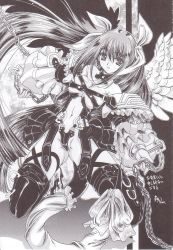 Rule 34 | 1girl, arc system works, bdsm, bondage, bound, breasts, chain, choker, dizzy (guilty gear), greyscale, guilty gear, guilty gear x, guilty gear xx, highres, long hair, miwa yoshikazu, monochrome, non-web source, solo, tail, thighhighs, wings