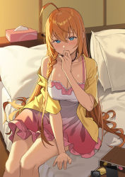 Rule 34 | 1girl, ahoge, bed, bed sheet, blue eyes, braid, breasts, collarbone, come hither, commentary, condom, condom wrapper, dress, goumudan, gradient dress, hair between eyes, hand up, highres, indoors, large breasts, long hair, looking at viewer, on bed, orange hair, pecorine (princess connect!), pecorine (real) (princess connect!), pillow, pink dress, princess connect!, raised eyebrows, short sleeves, single bare shoulder, single braid, solo, tissue box, very long hair, white dress