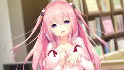 Rule 34 | 1girl, aihara shion, blurry, blurry background, blush, bookshelf, breasts, cleavage, crying, crying with eyes open, female focus, game cg, hair between eyes, hands up, happy, indoors, jewelry, large breasts, long hair, looking at viewer, nose blush, open mouth, original, pink hair, purple eyes, ring, shion to one room: kizuna kirameku koi iroha ss, smile, solo, standing, tears, two side up, upper body, usume shirou, wedding ring