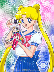 Rule 34 | 2girls, 72workshop, :d, back bow, bishoujo senshi sailor moon, black cat, blonde hair, blue bow, blue eyes, blue sailor collar, blue skirt, boots, bow, brooch, cat, chibi, choker, circlet, crescent, crescent choker, crescent facial mark, double bun, dual persona, elbow gloves, facial mark, gloves, hair bun, hair ornament, highres, holding chibi, itou ikuko (style), jewelry, juuban middle school uniform, knee boots, lace background, long hair, looking at viewer, luna (sailor moon), magical girl, mask, multicolored background, multiple girls, official style, one eye closed, open mouth, parted bangs, red bow, red footwear, sailor collar, sailor moon, sailor moon (prototype), sailor senshi uniform, school uniform, serafuku, shirt, skirt, smile, sparkle, star (symbol), transformation brooch (sailor moon), tsukino usagi, twintails, white choker, white gloves, white hair, white shirt