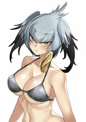 Rule 34 | &gt;:(, 10s, 1girl, arms at sides, artist name, bare arms, bare shoulders, bikini, bikini top only, black hair, blush, breasts, cleavage, closed mouth, clothes writing, collarbone, frown, grey bikini, hair between eyes, head wings, highres, kaorihero, kemono friends, large breasts, leaf, looking at viewer, multicolored hair, serious, shoebill (kemono friends), silver hair, simple background, solo, strap gap, swimsuit, tsurime, two-tone hair, underboob, upper body, v-shaped eyebrows, white background, wings, yellow eyes
