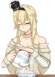 Rule 34 | bare shoulders, black hairband, blonde hair, blue eyes, bowl, braid, breasts, cleavage, commentary request, corset, crown, dress, flower, french braid, hairband, highres, jewelry, kantai collection, long hair, long sleeves, medium breasts, mini crown, necklace, ochazuke (food), off-shoulder dress, off shoulder, one eye closed, pouring, red flower, red ribbon, red rose, ribbon, rice, rice bowl, rose, simple background, takasugi heppu, tea, teapot, upper body, warspite (kancolle), white background, white dress
