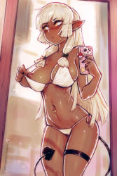 Rule 34 | 1girl, bbc-chan, bikini, blush, borrowed character, breast tattoo, breasts, cellphone, commentary, cowboy shot, dark nipples, dark skin, demon girl, demon tail, embarrassed, english commentary, highres, large breasts, leg tattoo, legs together, long hair, looking away, maeya (momoda), mirror, mirror image, navel, navel piercing, nipples, nose blush, one breast out, original, phone, piercing, pointy ears, pulling own clothes, selfie, side-tie bikini bottom, smartphone, smartphone case, solo, solo focus, standing, swimsuit, tail, tattoo, thigh strap, white bikini, white hair, yellow eyes