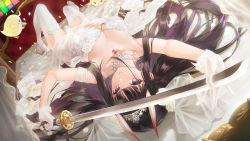 Rule 34 | 1girl, azur lane, breasts, brown hair, character request, circlet, cleavage, collarbone, dress, dutch angle, flower, garter straps, gloves, hair flower, hair ornament, happoubi jin, high heels, highres, hime cut, horns, jewelry, katana, long hair, looking at viewer, lying, necklace, noshiro (azur lane), on back, oni horns, parted lips, petals, purple eyes, see-through, sidelocks, solo, sword, thighhighs, veil, weapon, wedding dress, white thighhighs