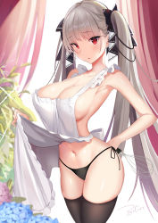 Rule 34 | 1girl, apron, armpits, azur lane, bare shoulders, black panties, black thighhighs, blush, breasts, christmas, cleavage, collarbone, formidable (azur lane), grey hair, groin, hair ribbon, highres, holding, holding whisk, indoors, large breasts, long hair, looking at viewer, navel, open mouth, panties, red eyes, ribbon, shiny skin, sidelocks, skindentation, solo, stomach, thighhighs, twintails, two-tone ribbon, underwear, very long hair, whisk, zotari