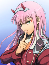 Rule 34 | 10s, 1girl, blue background, breasts, commentary request, darling in the franxx, finger to mouth, gradient background, green eyes, hairband, herozu (xxhrd), highres, horns, index finger raised, lips, long hair, long sleeves, looking at viewer, military, military uniform, pink hair, red shirt, shiny skin, shirt, shushing, smile, solo, uniform, upper body, white hairband, zero two (darling in the franxx)