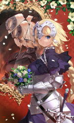 Rule 34 | 1girl, armor, blonde hair, blue eyes, bouquet, braid, broken mirror, closed mouth, crack, fate/apocrypha, fate (series), faulds, flower, gauntlets, headpiece, highres, jeanne d&#039;arc (fate), jeanne d&#039;arc (ruler) (fate), jeanne d&#039;arc alter (avenger) (fate), jeanne d&#039;arc alter (fate), long hair, looking at viewer, mirror, patterned background, petals, red background, reflection, scabbard, shattered, sheath, signature, single braid, solo, standing, sword, weapon, withered, yd (orange maru)