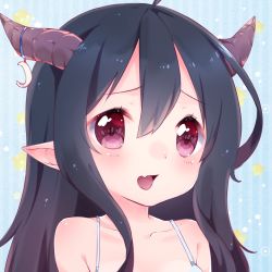 Rule 34 | 10s, 1girl, aged down, ahoge, azuki (krps-hano), black hair, blue background, blush, collarbone, crescent, danua, draph, dress, eyelashes, fang, granblue fantasy, hair between eyes, highres, horn ornament, horns, long hair, looking at viewer, manatsuki manata, open mouth, pointy ears, portrait, red eyes, skin fang, sleeveless, solo, star (symbol), striped, striped background, vertical stripes, white dress
