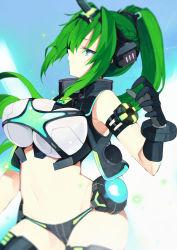 Rule 34 | 1girl, absurdres, arm strap, bare shoulders, black gloves, blue eyes, breasts, buran buta, crop top, from side, gloves, green hair, green heart (neptunia), headgear, highres, horns, large breasts, long hair, navel, neptune (series), next green, ponytail, power symbol, power symbol-shaped pupils, single horn, solo, symbol-shaped pupils, thighhighs, vert (neptunia)