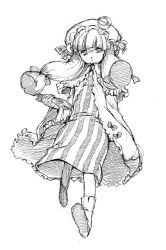 Rule 34 | 1girl, blackheart, book, boots, bow, coat, crescent, crescent hat ornament, dress, female focus, greyscale, hair bow, hat, hat ornament, long hair, long sleeves, looking at viewer, mob cap, monochrome, open clothes, open coat, patchouli knowledge, sidelocks, simple background, solo, striped clothes, striped dress, touhou, twintails, vertical stripes, very long hair, white background