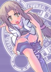 Rule 34 | 1girl, angry, bent over, blue thighhighs, blush, braid, breasts, brown hair, clothes pull, d:, d:&lt;, elf, elly person, fonewearl, large breasts, long hair, looking at viewer, magic circle, midriff, newman, open mouth, panties, phantasy star, phantasy star online, pointy ears, pulling own clothes, purple background, ryo (liver sashi daisuki!), shorts, shorts pull, single braid, single thighhigh, sleeveless, solo, striped clothes, striped panties, thighhighs, underwear, undressing, v-shaped eyebrows, very long hair, vest, white hair, yellow eyes