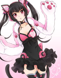 Rule 34 | 1girl, :3, animal hands, artist name, black hair, black skirt, black thighhighs, blush, bow, bowtie, breasts, cat paws, cat tail, choker, cleavage, cosplay, dated, gloves, heart, highres, kiraki, layered skirt, long hair, looking at viewer, lucky chloe, lucky chloe (cosplay), namco, open mouth, paw gloves, pink eyes, senki zesshou symphogear, skirt, small breasts, solo, tail, tekken, tekken 7, thighhighs, tsukuyomi shirabe, twintails, zettai ryouiki