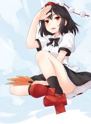 Rule 34 | 1girl, arm up, ass, black bow, black bowtie, black hair, black skirt, black socks, blue sky, blush, bow, bowtie, breasts, cloud, commentary request, convenient leg, day, full body, geta, hand fan, hat, highres, holding, holding fan, knee up, leaf fan, medium breasts, miniskirt, miyo (ranthath), open mouth, outdoors, petticoat, pom pom (clothes), puffy short sleeves, puffy sleeves, red eyes, red footwear, shameimaru aya, shirt, short hair, short sleeves, sidelocks, skirt, sky, smile, socks, solo, tassel, tengu-geta, thighs, tokin hat, touhou, white shirt