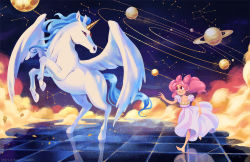 Rule 34 | 1990s (style), 1girl, barefoot, bishoujo senshi sailor moon, bishoujo senshi sailor moon supers, chibi usa, christina gardner, collarbone, cone hair bun, constellation, double bun, dress, forehead jewel, hair bun, horns, horse, pegasus (sailor moon), pink hair, planet, red eyes, reflective floor, retro artstyle, saturn (planet), single horn, skirt hold, small lady serenity, space, twintails, white dress, wings