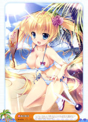 Rule 34 | 1girl, absurdres, bare shoulders, beach, bikini, blonde hair, blue eyes, blue ribbon, breasts, cameltoe, cleavage, collarbone, covered erect nipples, day, floating hair, flower, hair flower, hair ornament, highres, holding, large breasts, leg up, lens flare, long hair, looking at viewer, mikeou, navel, ocean, open mouth, original, palm tree, purple flower, ribbon, scan, side-tie bikini bottom, sideboob, socks, solo, striped bikini, striped clothes, sun, swimsuit, tree, very long hair, white socks