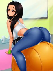 Rule 34 | 1girl, artist request, ass, ball, bent over, black hair, blue pants, brown eyes, catarina (date crush stories), copyright request, dark skin, dark-skinned female, date crush stories, dumbbell, earrings, exercise ball, game cg, gym, gym shirt, gym uniform, handband, highres, hoop earrings, indoors, jewelry, leggings, long hair, looking at viewer, looking back, pants, shirt, sitting, sleeveless, smile, solo, white shirt, window