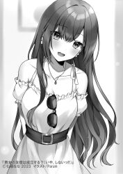 Rule 34 | 1girl, :d, arms behind back, artist name, bare shoulders, belt, blurry, blurry background, blush, breasts, cleavage, collarbone, commentary request, copyright name, copyright notice, cowboy shot, danjo no yuujou wa seiritsu suru?, dress, enomoto kureha, frilled dress, frilled sleeves, frills, greyscale, hair between eyes, head tilt, highres, large breasts, leaning to the side, long hair, looking at viewer, monochrome, novel illustration, official art, open mouth, parum39, second-party source, smile, solo, standing, sunglasses, teeth, upper teeth only, very long hair