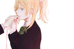 Rule 34 | 10s, 1girl, ayase eli, bad id, bad pixiv id, blazer, blonde hair, blue eyes, bow, from side, kissing hand, hand grab, jacket, kiss, love live!, love live! school idol project, ponytail, school uniform, shin9tani, solo focus, string, string of fate, white background