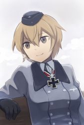 Rule 34 | 10s, 1girl, black gloves, brave witches, brown eyes, coat, cross, garrison cap, gloves, gradient background, hat, iron cross, kinosaki (green patio), light brown hair, long sleeves, looking away, military, military uniform, short hair, smile, solo, strike witches, uniform, waltrud krupinski, world witches series