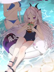 2girls absurdres beach bikini blue_archive blue_bikini demon_horns drink drinking_straw drinking_straw_in_mouth forehead highres hina_(blue_archive) hina_(swimsuit)_(blue_archive) hiyayakko_(jfky2528) holding holding_drink holding_umbrella horns long_hair multiple_girls purple_eyes sandals school_swimsuit swimsuit umbrella very_long_hair white_hair