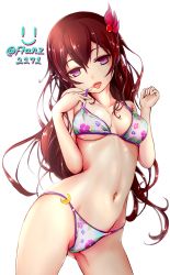 Rule 34 | 10s, 1girl, alternate costume, bad id, bad pixiv id, bikini, breasts, brown hair, cowboy shot, crescent, empty eyes, floral print, franz (217franz), gluteal fold, groin, hair between eyes, hair ornament, head tilt, highres, kantai collection, kisaragi (kancolle), long hair, looking at viewer, medium breasts, nail polish, narrow waist, navel, open mouth, pink nails, print bikini, purple eyes, simple background, solo, stomach, strap gap, string bikini, swimsuit, tongue, tongue out, twitter username, underboob, very long hair, white background